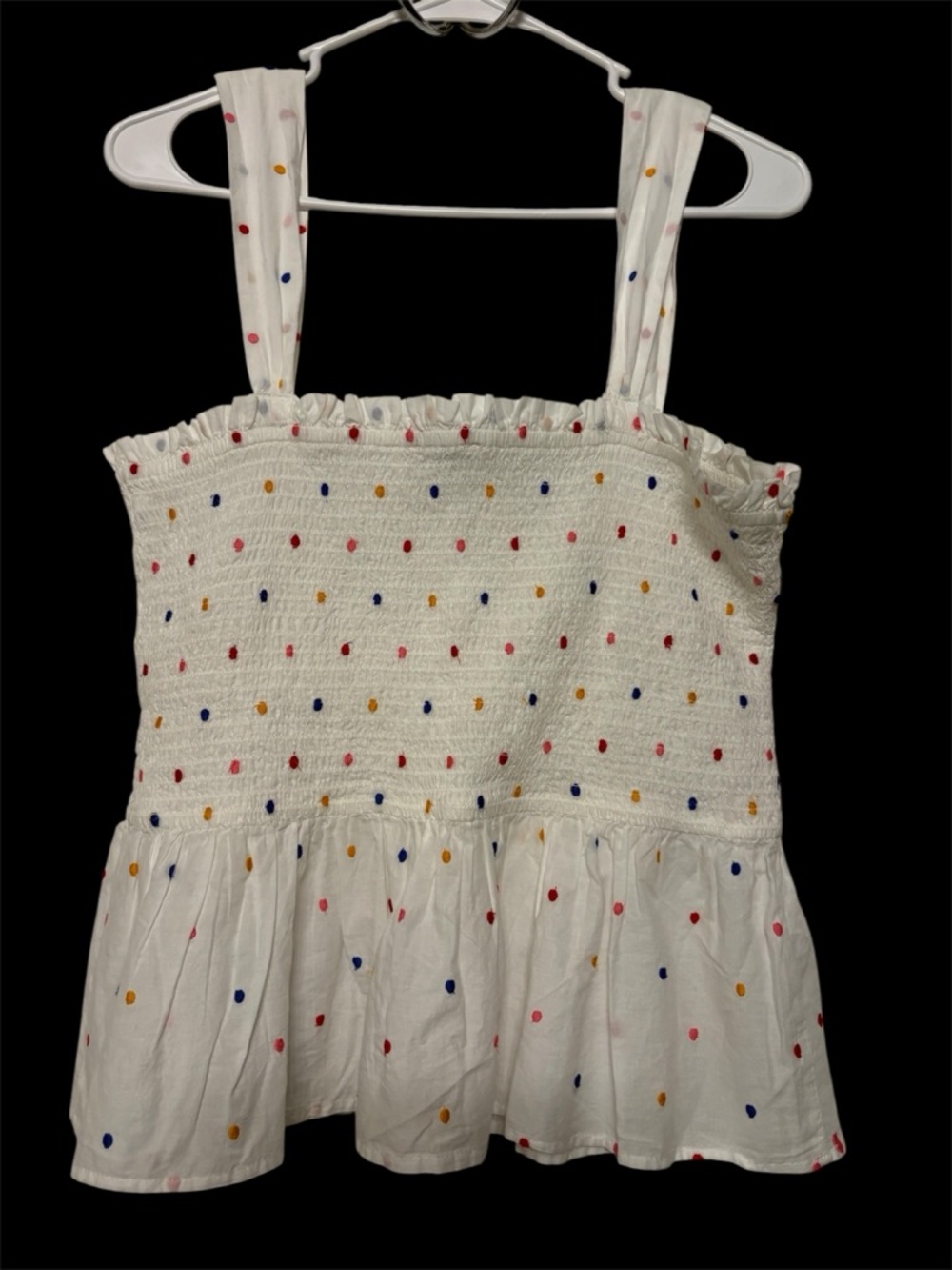 LOFT White Smocked Tank Top with Pink, Yellow & Blue Dot Print